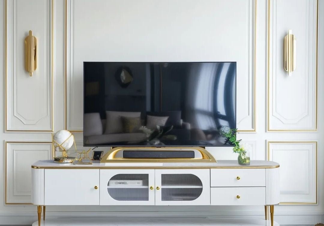 White Marble TV Unit – Modern Design with Storage - SHAGHAF HOME