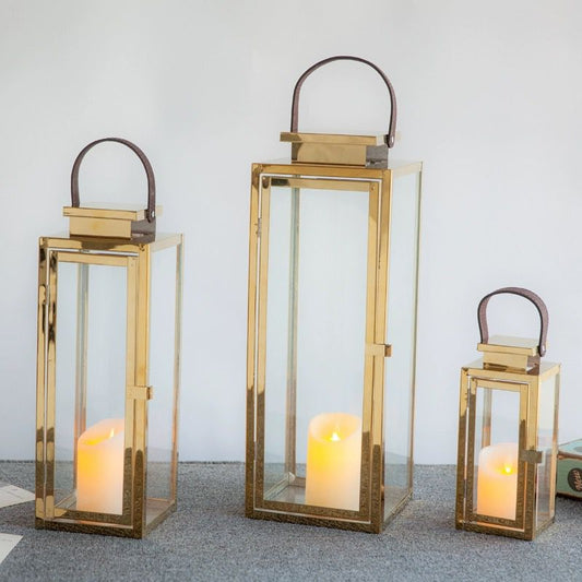 Candle aluminum lantern set with leather handle - SHAGHAF HOME