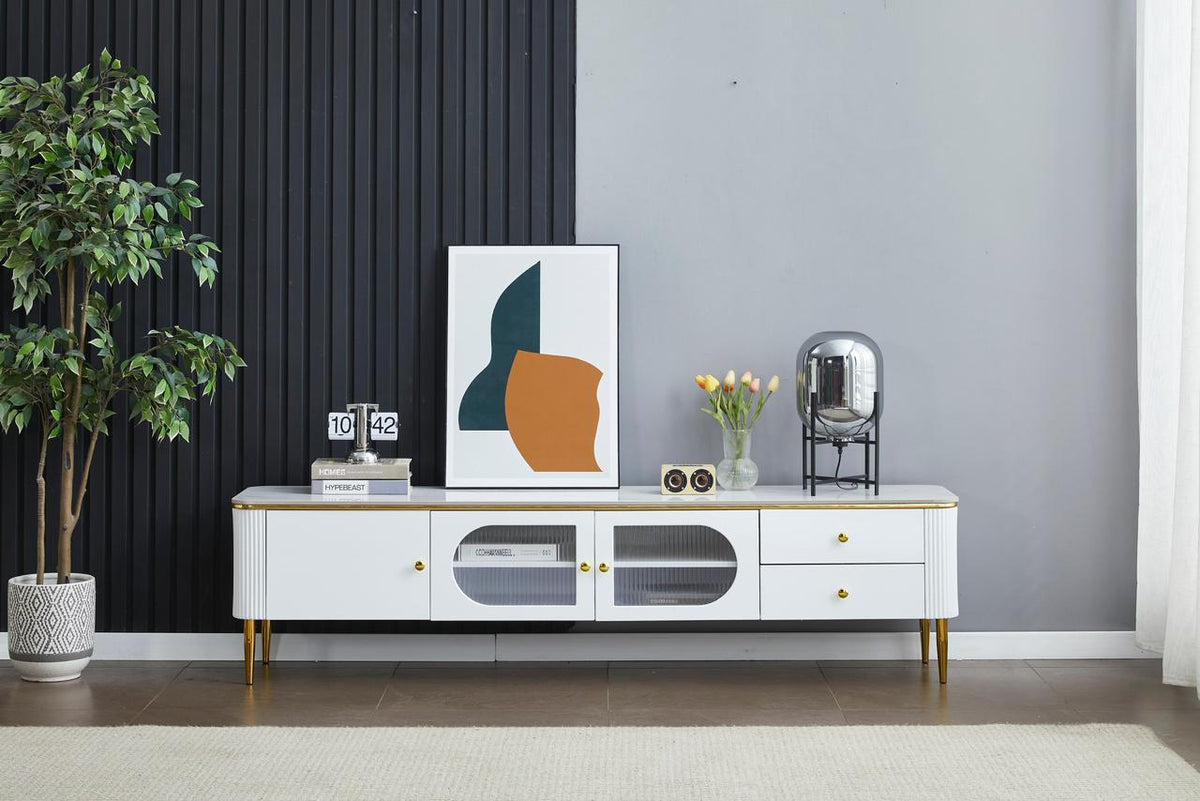 White Marble TV Unit – Modern Design with Storage | SHAGHAF HOME