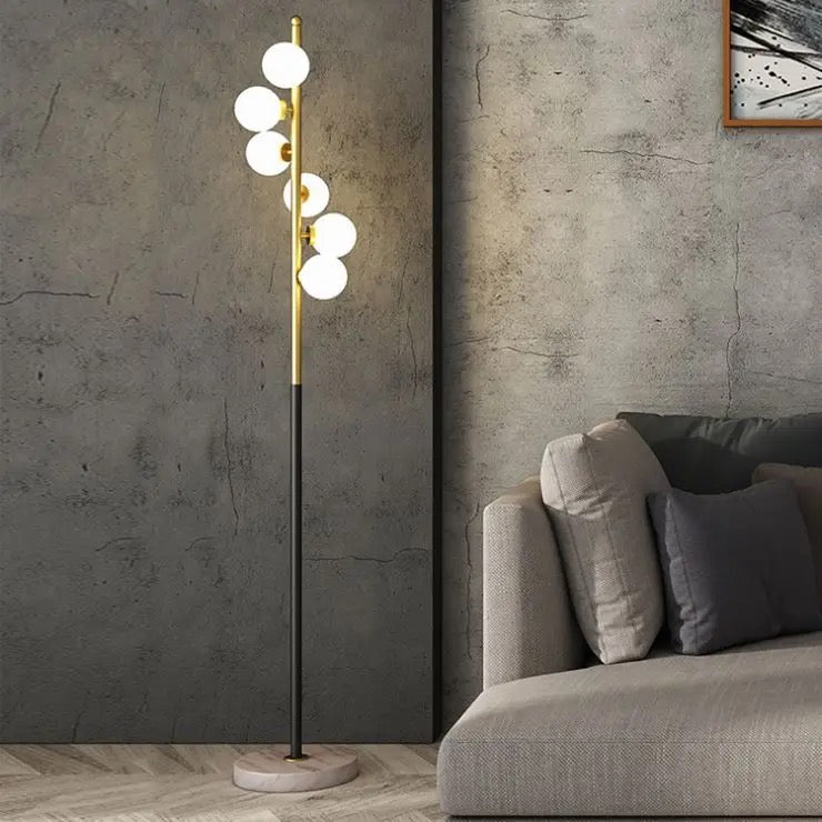 Opal Glass Ball Standing Floor Light with Spiral Design Modernist 6-Head Gold-Black Stand Up Lamp - SHAGHAF HOME