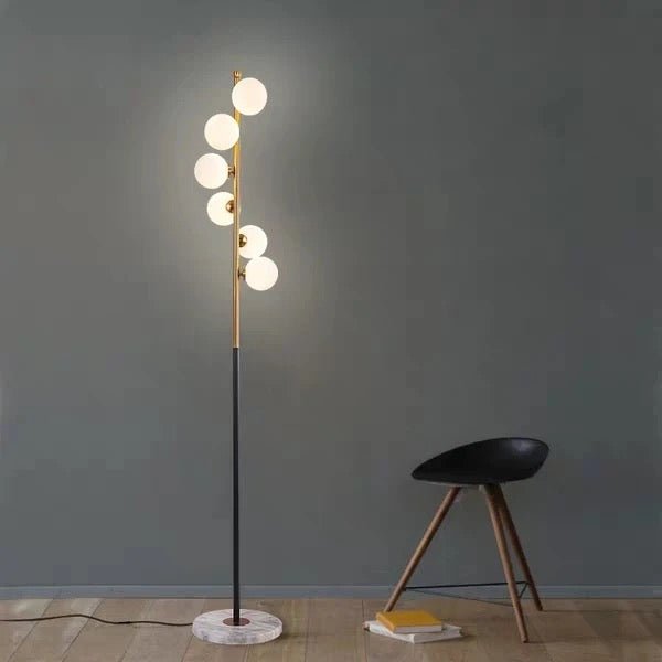 Opal Glass Ball Standing Floor Light with Spiral Design Modernist 6-Head Gold-Black Stand Up Lamp - SHAGHAF HOME